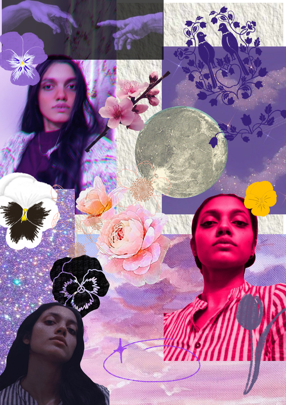 Collage of portraits, flowers, and celestial motifs